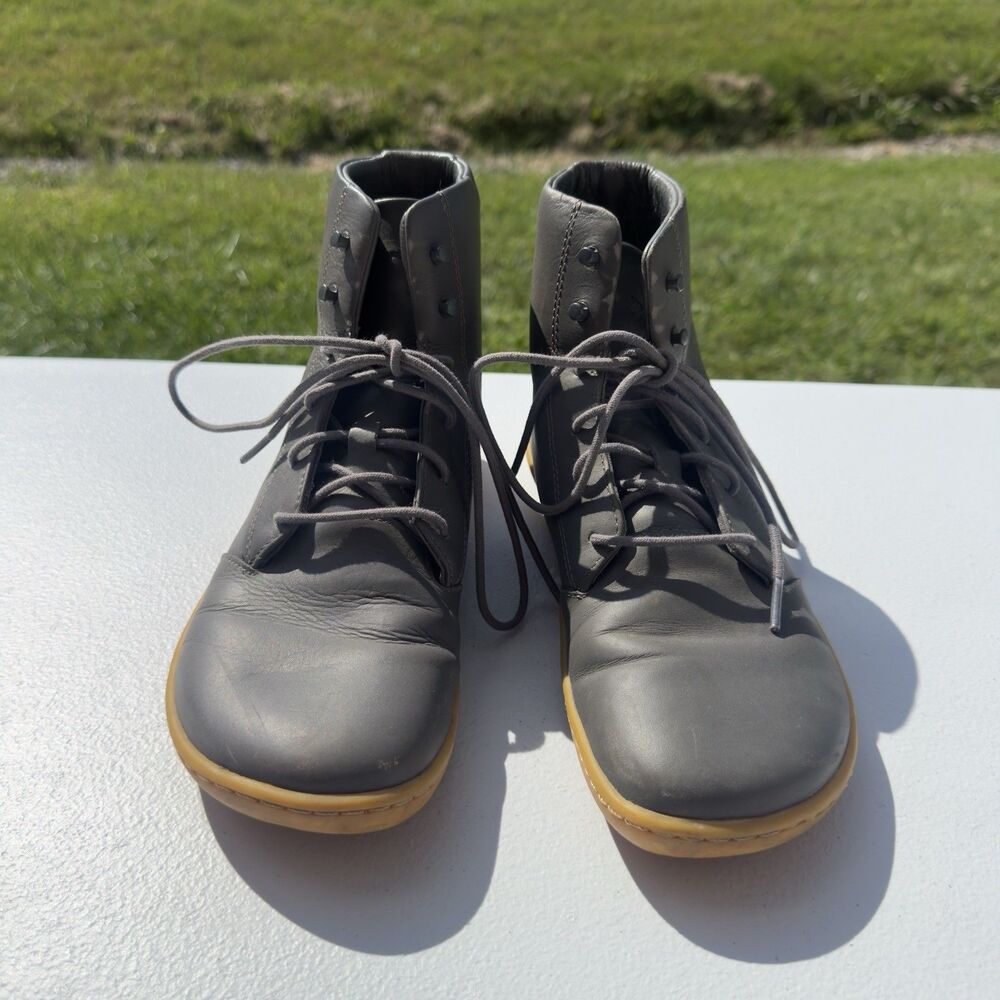 Vivo Barefoot Gray Leather Lace-Up Ankle Boots with Tan Soles
